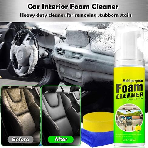بخاخ منظف داخلي للسيارة، تنظيف عميق للتفاصيل الداخلية للوحة القيادة، نسيج بلاستيك ومطاط من الفينيل، تنجيد السجاد، مزيل البقع والأوساخ لمقاعد السيارات، لا يترك بقايا لزجة برائحة الليمون - 150 مل in Kuwait