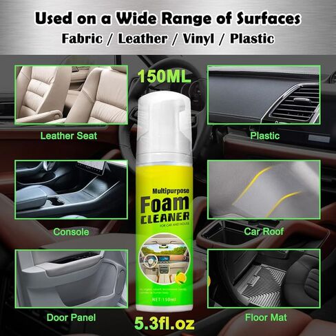بخاخ منظف داخلي للسيارة، تنظيف عميق للتفاصيل الداخلية للوحة القيادة، نسيج بلاستيك ومطاط من الفينيل، تنجيد السجاد، مزيل البقع والأوساخ لمقاعد السيارات، لا يترك بقايا لزجة برائحة الليمون - 150 مل in Kuwait