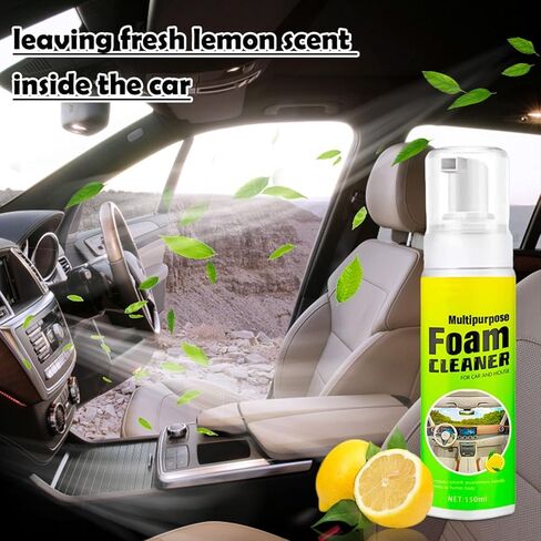 بخاخ منظف داخلي للسيارة، تنظيف عميق للتفاصيل الداخلية للوحة القيادة، نسيج بلاستيك ومطاط من الفينيل، تنجيد السجاد، مزيل البقع والأوساخ لمقاعد السيارات، لا يترك بقايا لزجة برائحة الليمون - 150 مل in Kuwait