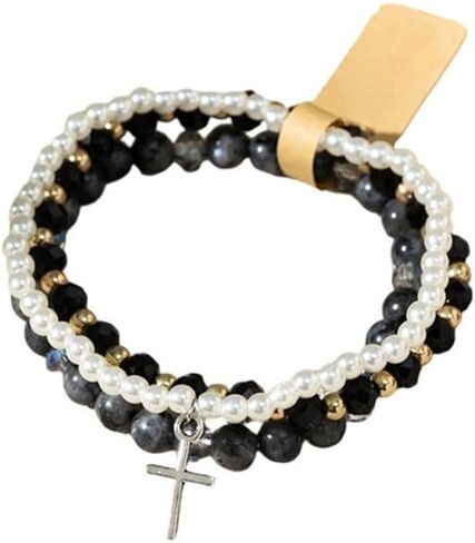 Fuqimanman2020 Colorful Stackable Cross Crystal Beaded Bracelets for Women Cross Charm Gold Beads Bracelet Multilayred Imitation Pearl Beads Stretch Bracelet Jewelry Gift in Saudi Arabia
