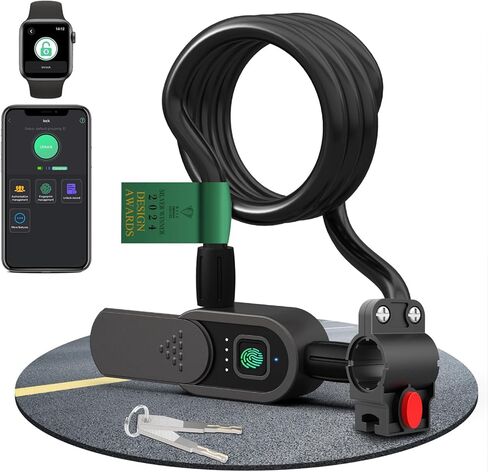 قفل كابل بصمة الإصبع مع مفتاح قفل دراجة مقاوم للماء eLinkSmart 150 سم قفل كابل فولاذي طويل للدراجة سكوتر دراجة نارية باب سياج بوابة تطبيق الهاتف وساعة iOS فتح شحن USB C in Kuwait