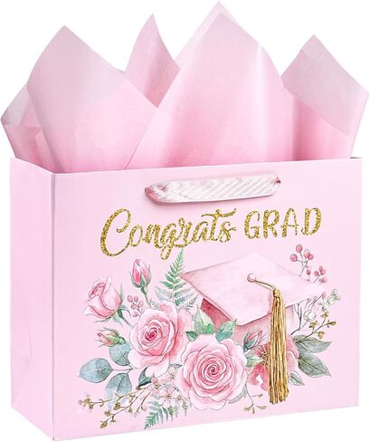 LeZakaa 16" Large Gift Bags with Tissue Paper, Trencher Cap Gift Tag and Greeting Card, Trencher Cap and Congrats Grad Design for Graduation in Saudi Arabia