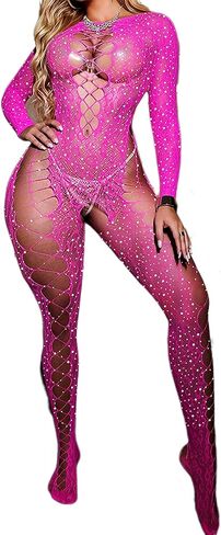 Womens Lingeries Fishnet Lingerie for Sexy Outfit Bodysuit Sparkle Rhinestone One Piece Bobydoll Tights Bodysuits in Saudi Arabia