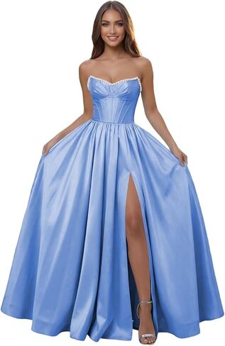 Corset Pearl Strapless Prom Dress Ball Gown with Slit for Women 2026 Pleated Satin A Line Formal Evening Dress Long in Saudi Arabia