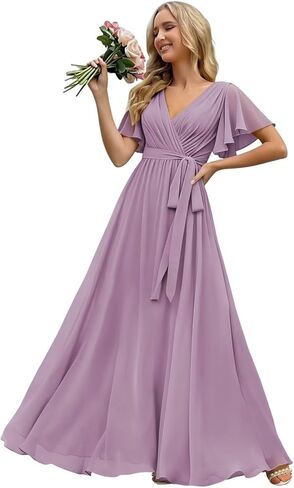 فساتين وصيفة العروس بأكمام مكشكشة من YOFF مع فيونكة شيفون ورقبة على شكل V فستان رسمي مكشكش FF025 in Kuwait