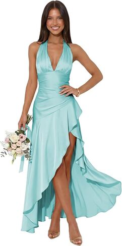 Satin Halter Prom Dresses with Slit Ruffle V Neck Maxi Long Formal Dress OE155 in Saudi Arabia