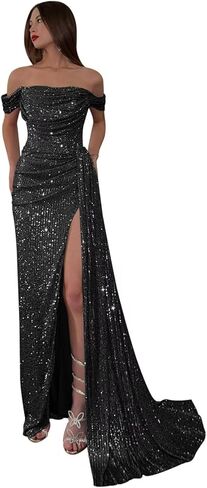 Mermaid Sequin Prom Dresses for Women 2026 Long Off The Shoulder Sparkly Ruched Evening Formal Dress with Slit in Saudi Arabia