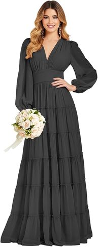 Women's Long Sleeve Tiered Bridesmaid Dresses V Neck Pleated Chiffon Empire Waist Formal Evening Prom Gowns in Kuwait