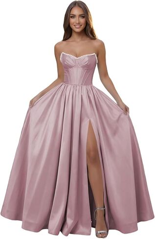 Corset Pearl Strapless Prom Dress Ball Gown with Slit for Women 2026 Pleated Satin A Line Formal Evening Dress Long in Saudi Arabia
