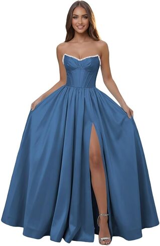 Corset Pearl Strapless Prom Dress Ball Gown with Slit for Women 2026 Pleated Satin A Line Formal Evening Dress Long in Saudi Arabia