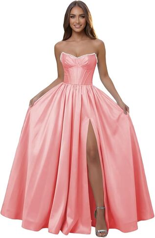 Corset Pearl Strapless Prom Dress Ball Gown with Slit for Women 2026 Pleated Satin A Line Formal Evening Dress Long in Saudi Arabia