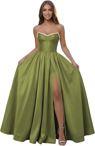 Corset Pearl Strapless Prom Dress Ball Gown with Slit for Women 2026 Pleated Satin A Line Formal Evening Dress Long in Saudi Arabia