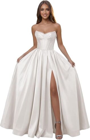 Corset Pearl Strapless Prom Dress Ball Gown with Slit for Women 2026 Pleated Satin A Line Formal Evening Dress Long in Saudi Arabia