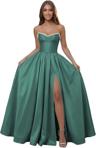 Corset Pearl Strapless Prom Dress Ball Gown with Slit for Women 2026 Pleated Satin A Line Formal Evening Dress Long in Saudi Arabia