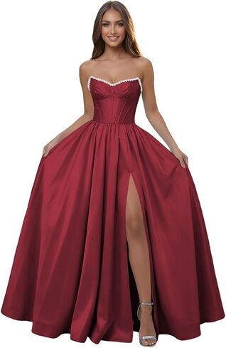 Corset Pearl Strapless Prom Dress Ball Gown with Slit for Women 2026 Pleated Satin A Line Formal Evening Dress Long in Saudi Arabia