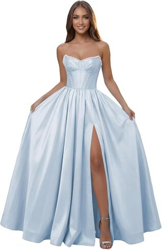 Corset Pearl Strapless Prom Dress Ball Gown with Slit for Women 2026 Pleated Satin A Line Formal Evening Dress Long in Kuwait