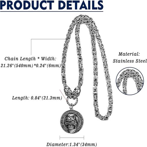 قلادة جمجمة Aroncent Memento Mori: قلادة عملة قوطية من الفولاذ المقاوم للصدأ مجوهرات للجنسين إيطالية وهندية منقوشة - سلسلة بيزنطية 21.26 بوصة قابلة للتعديل in Kuwait