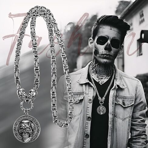 قلادة جمجمة Aroncent Memento Mori: قلادة عملة قوطية من الفولاذ المقاوم للصدأ مجوهرات للجنسين إيطالية وهندية منقوشة - سلسلة بيزنطية 21.26 بوصة قابلة للتعديل in Kuwait