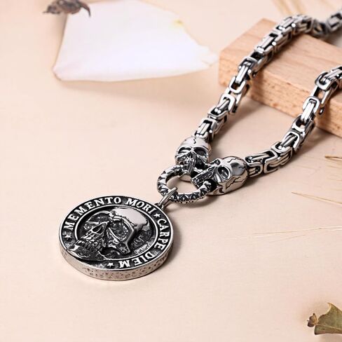 قلادة جمجمة Aroncent Memento Mori: قلادة عملة قوطية من الفولاذ المقاوم للصدأ مجوهرات للجنسين إيطالية وهندية منقوشة - سلسلة بيزنطية 21.26 بوصة قابلة للتعديل in Kuwait