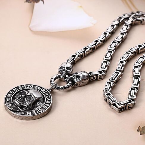 قلادة جمجمة Aroncent Memento Mori: قلادة عملة قوطية من الفولاذ المقاوم للصدأ مجوهرات للجنسين إيطالية وهندية منقوشة - سلسلة بيزنطية 21.26 بوصة قابلة للتعديل in Kuwait