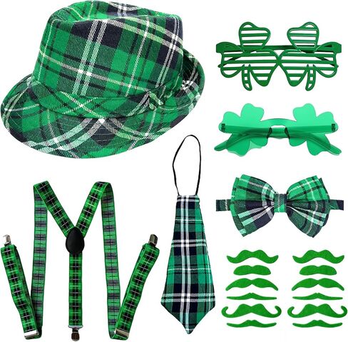 18 Pcs St. Patrick's Day Accessories Set Glittering Hat Shamrock Glasses Suspenders Mustache Irish Costume for Men in Kuwait