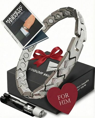 سوار تيتانيوم للعلاج المغناطيسي Vigor Wave® للرجال - سوار مغناطيسي فريد يشبه المضفر لتخفيف الألم + أداة قياس ممتازة وصندوق هدايا، فضي in Kuwait