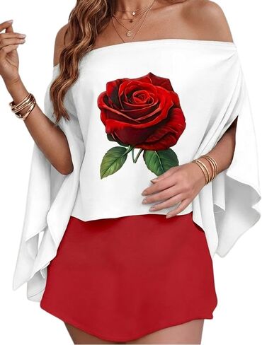 CHICME Women's 3 Piece Summer Outfits Off Shoulder Batwing Sleeve Tops with Bandeau and Skorts Sets Casual Vacation Outfit in Saudi Arabia