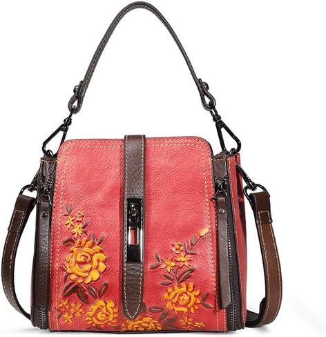 Artisan-Crafted Vegetable-Tanned Leather Satchel - Vintage Embossed Shoulder Bag with Organizational Pockets in Kuwait