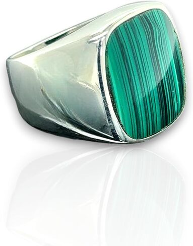 Silver Natural Malachite Ring, Silver Classic Malachite Signet Ring, Square Signet Men Ring, Green Gemstone Men Ring in Kuwait