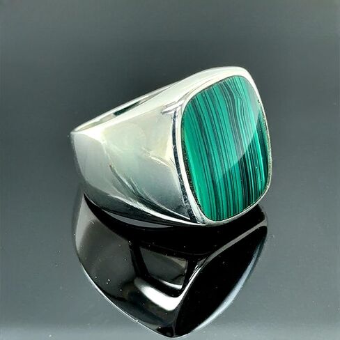 Silver Natural Malachite Ring, Silver Classic Malachite Signet Ring, Square Signet Men Ring, Green Gemstone Men Ring in Kuwait