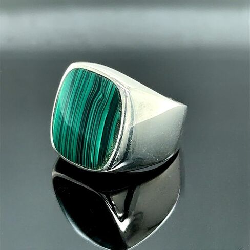 Silver Natural Malachite Ring, Silver Classic Malachite Signet Ring, Square Signet Men Ring, Green Gemstone Men Ring in Kuwait