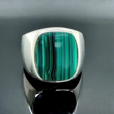 Silver Natural Malachite Ring, Silver Classic Malachite Signet Ring, Square Signet Men Ring, Green Gemstone Men Ring in Kuwait