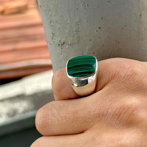 Silver Natural Malachite Ring, Silver Classic Malachite Signet Ring, Square Signet Men Ring, Green Gemstone Men Ring in Kuwait
