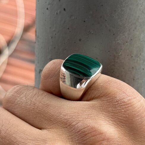Silver Natural Malachite Ring, Silver Classic Malachite Signet Ring, Square Signet Men Ring, Green Gemstone Men Ring in Kuwait