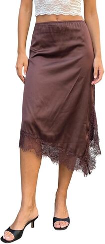 Women Silk Satin Half Slip Long Skirts Lace Trim Asymmetrical Maxi Skirt Elegant Silky Flowy A Line Midi Skirts in Saudi Arabia