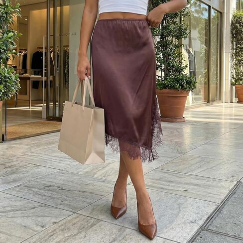 Women Silk Satin Half Slip Long Skirts Lace Trim Asymmetrical Maxi Skirt Elegant Silky Flowy A Line Midi Skirts in Saudi Arabia