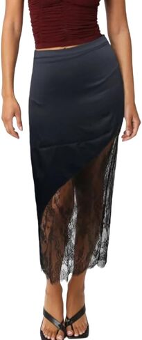 Women Silk Satin Half Slip Long Skirts Lace Trim Asymmetrical Maxi Skirt Elegant Silky Flowy A Line Midi Skirts in Saudi Arabia