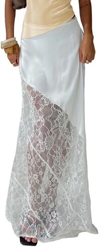 Women Silk Satin Half Slip Long Skirts Lace Trim Asymmetrical Maxi Skirt Elegant Silky Flowy A Line Midi Skirts in Saudi Arabia