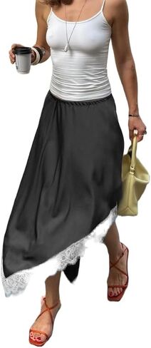 Women Silk Satin Half Slip Long Skirts Lace Trim Asymmetrical Maxi Skirt Elegant Silky Flowy A Line Midi Skirts in Saudi Arabia