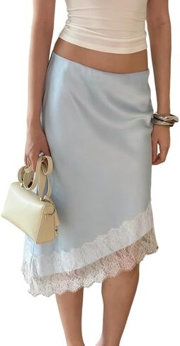 Women Silk Satin Half Slip Long Skirts Lace Trim Asymmetrical Maxi Skirt Elegant Silky Flowy A Line Midi Skirts in Saudi Arabia