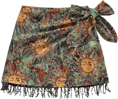 SHENHE Women's Summer Wrap Mini Skirt Beaded Tassel Paisley Print Boho Hippie Skirt in Saudi Arabia