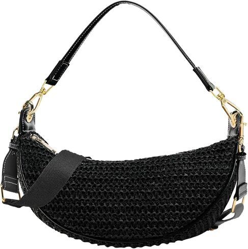 حقائب كروس من القش للنساء حقيبة كتف منسوجة على شكل هلال للصيف وحقائب هوبو للشاطئ مع حزام قابل للتعديل in Kuwait