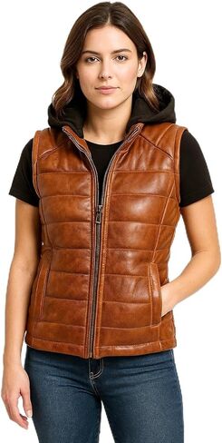 Women’s Distressed Cognac Brown Leather Puffer Vest – Genuine Lambskin Quilted Jacket with Detachable Hood in Saudi Arabia