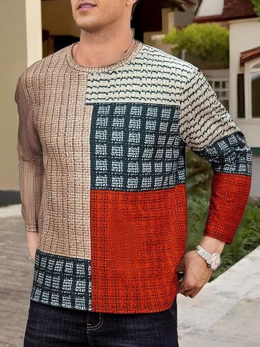 Mens Shirts Tops Graphic Long Sleeve Casual Crewneck with Abstract Printed Design Lightweight Streetwear Pullover in Saudi Arabia