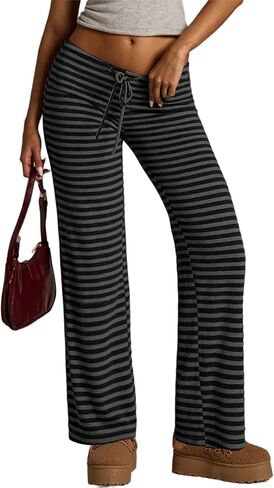 بنطال نسائي متماسك واسع الخصر عالي الخصر وواسع الساق مخطط ناعم وقابل للتمدد in Kuwait