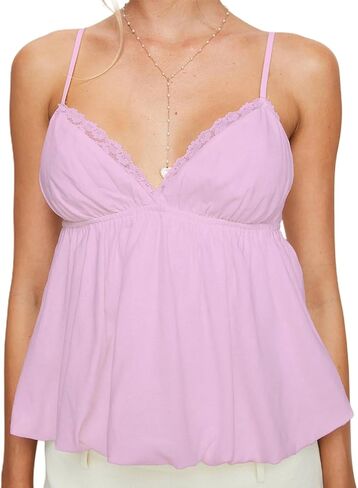 قميص كامي نسائي Y2K بيبي دول بيبلوم مزين بالدانتيل وحزام سباغيتي ورقبة على شكل حرف V وحاشية مكشكشة بدون أكمام ملابس علوية للخروج in Kuwait