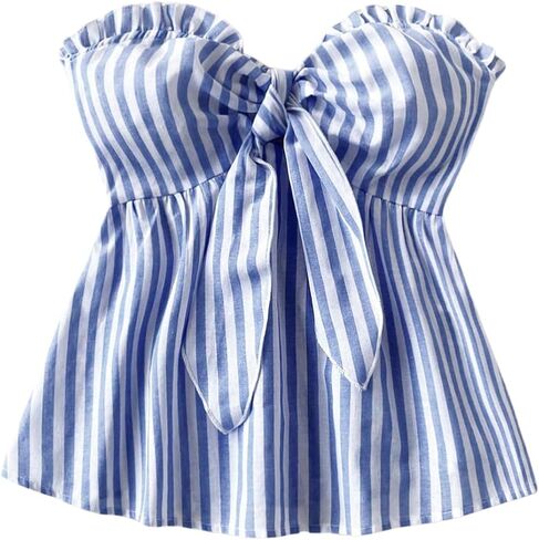 MakeMeChic Women's Striped Bandeau Shirt Bow Knot Frill Trim Ruffle Hem Shirred Summer Y2k Tube Top in Saudi Arabia