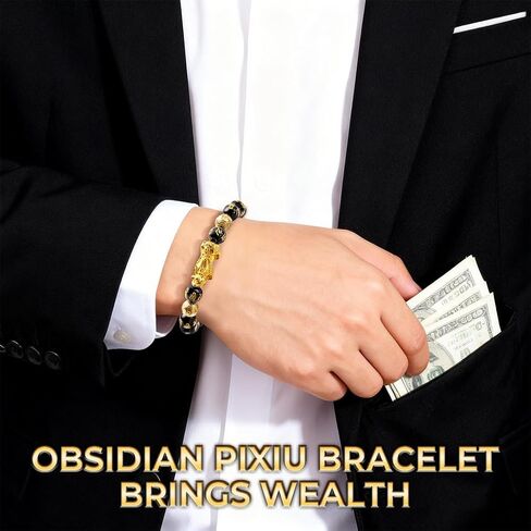 Feng Shui Bracelet, Gilded Pixiu with Black Obsidian, Unisex Adjustable Good Luck Bracelet, Wealth and Luck Aura Stone for Positive Energy & Abundance, Includes Gift Box & Card - 10mm in Kuwait