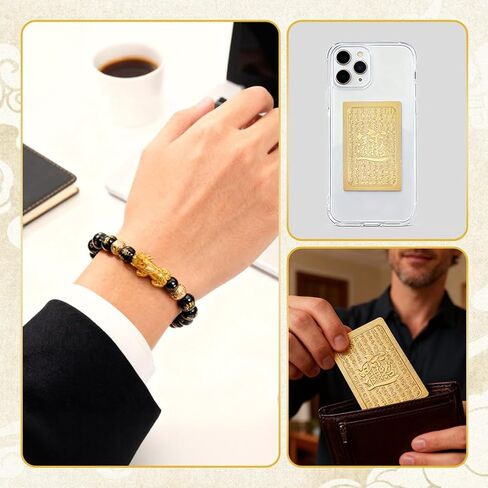 Feng Shui Bracelet, Gilded Pixiu with Black Obsidian, Unisex Adjustable Good Luck Bracelet, Wealth and Luck Aura Stone for Positive Energy & Abundance, Includes Gift Box & Card - 10mm in Kuwait