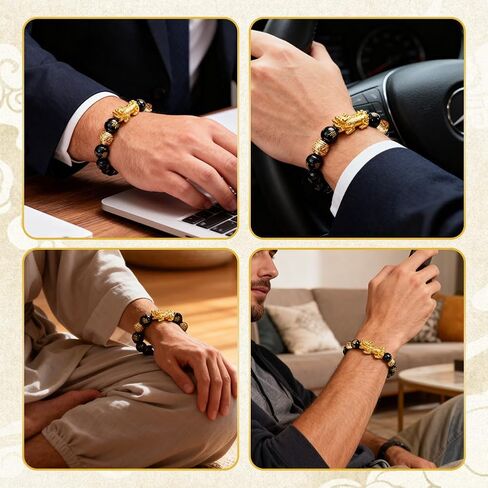 Feng Shui Bracelet, Gilded Pixiu with Black Obsidian, Unisex Adjustable Good Luck Bracelet, Wealth and Luck Aura Stone for Positive Energy & Abundance, Includes Gift Box & Card - 10mm in Kuwait